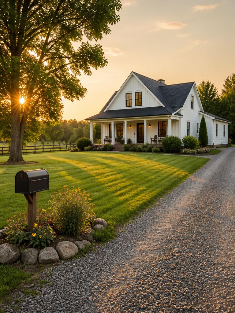 A tidy rural Kentucky home with a freshly mowed, striped lawn and gravel drive