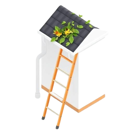Ladder against a roof with a leafy gutter