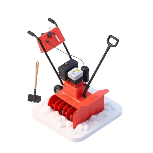 Snow blower and snow shovel in snow